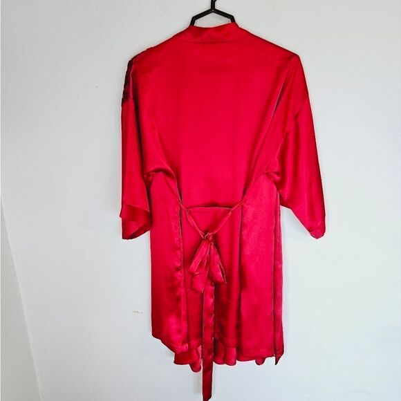 Vntg L.A. Intimates 2 Piece Red Satin Floral Velvet Embellished Robe Slip Set M - Picture 3 of 12